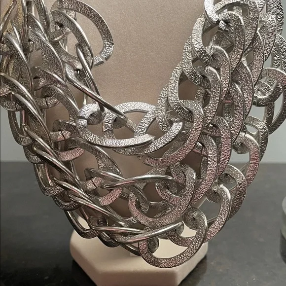 #327 - Aluminum Silver Triple-Stranded Statement Necklace - Picture 2 of 4